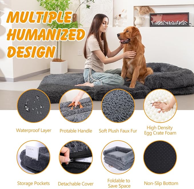 Foldable Human Dog Sofa Bed, 73x42x10 in Faux Fur Orthopedic Pet Bed with Egg Foam Mattress, Portable Dog Bed for Adults, Camping Indoor Use