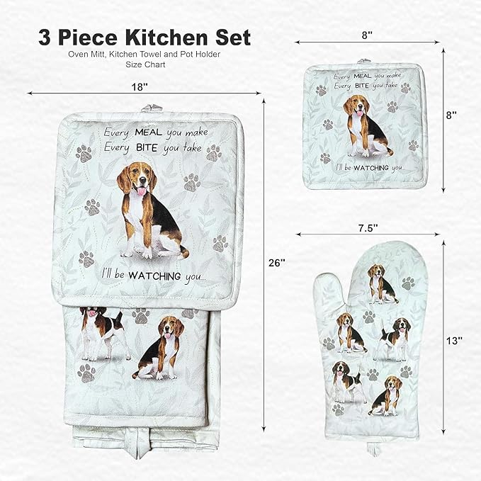 Beagle 3-Piece Kitchen Set - Oven Mitt, Pot Holder & Kitchen Towel Set, Heat Resistant up to 420 F, Soft Quilted Cotton for Cooking, Baking, BBQ, Pet Lover Gifts (Beagle)