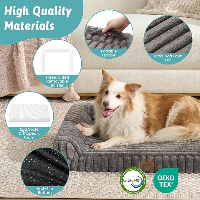COZY KISS Cute Dog Bed for Medium Dogs, Faux Rabbit Fur Orthopedic Foam Dog Bed with Sides, Removable Washable Cover & Waterproof Lining, Comfortable Pet Couch, Grey (36" L x 27" W x 6.5" Th)