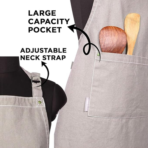 AMOUR INFINI Cotton Solid Aprons for Women with Pocket, Adjustable Strap and Waist Ties Washed Chef Aprons for Cooking, Baking and Gardening (27.5x33 Inches - Beige)