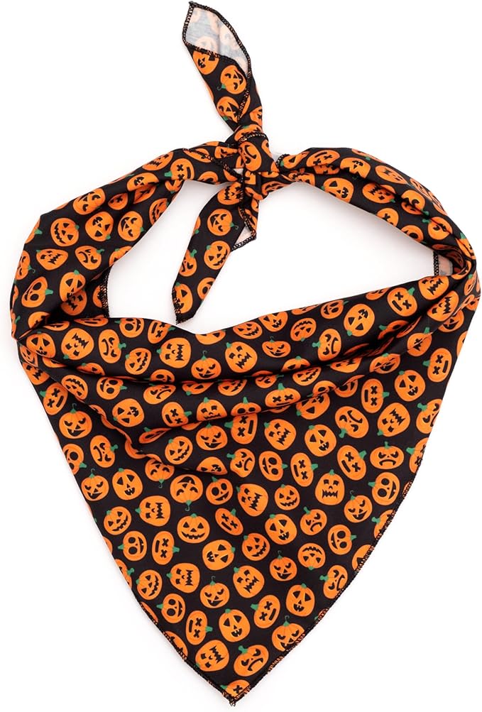 THE WORTHY DOG Classic Tie-On Dog Bandana – Soft Cotton Flannel Square Pet Bandana, Jack-O-Lantern Pattern, Black, Large