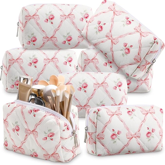 Paterr 6 Pcs Quilted Makeup Bag Bulk for Women Girls Birthday Valentine's Day Bridesmaid Gifts Cute Cotton Cosmetic Pouch Bow Floral Coquette Aesthetic Travel Toiletry Bag(Bowknot Rose,Pink)