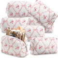 Paterr 6 Pcs Quilted Makeup Bag Bulk for Women Girls Birthday Valentine's Day Bridesmaid Gifts Cute Cotton Cosmetic Pouch Bow Floral Coquette Aesthetic Travel Toiletry Bag(Bowknot Rose,Pink)