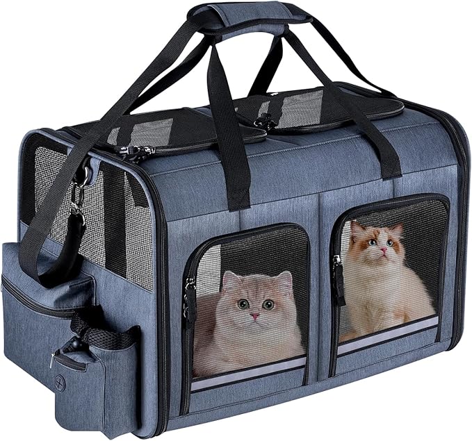 Groxkox Cat Carrier for 2 Cats, Foldable Double Cat and Dog Carrier, Small to Medium Size, 2 Front Zippered Compartments,Two Pets Carrier for Outdoor Travel,Mulitple Cat Carrier, Grey