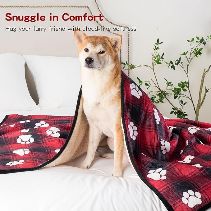 CAPT.SNOOZE Waterproof Dog Blankets Pet Blanket 60"x80", Soft Fluffy Sofa Car Bed Protector, Reversible Sherpa Fleece Dog Blanket for Large Dogs Christmas Decor(Paw Red)