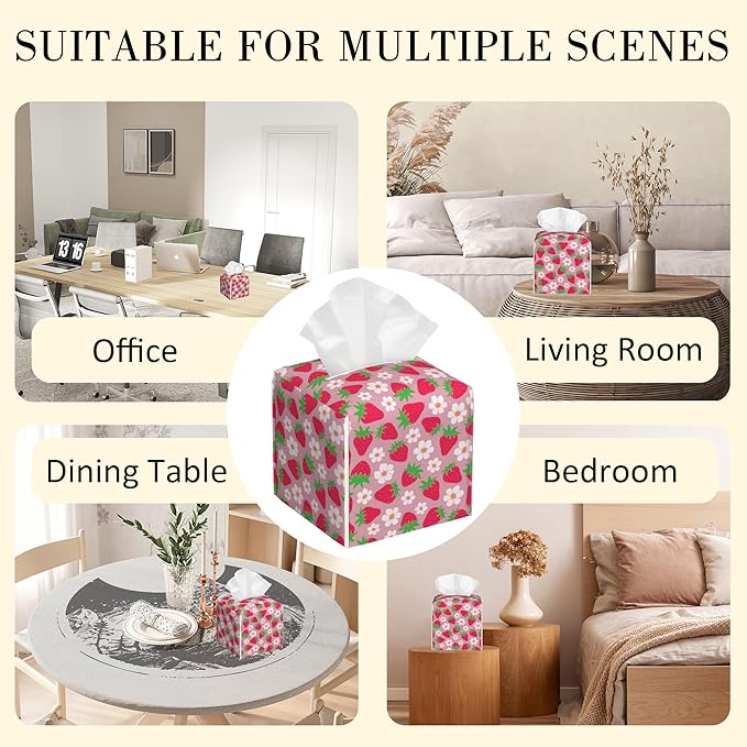POIUBLE Strawberry and Flower Tissue Box Cover Leather Tissue Box Holder Square Facial Paper Organizer Dispenser for Bathroom Kitchen Bedroom Vanity Countertop Night Stands