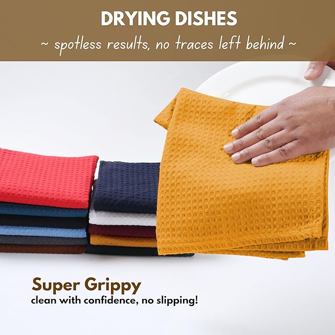 Native Fab 18 Pack Waffle Dish Cloths - 100% Cotton, Absorbent, Quick Drying, Washable Towels for Cleaning, Cooking, Baking - Great for Home, Restaurants, Bars & Cafes - 12 x 12 inch, Mustard Yellow