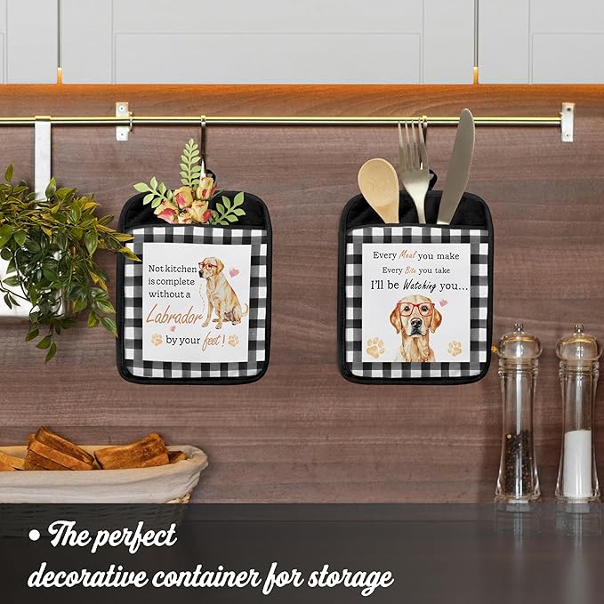 Funny Dog Pot Holders with Pockets,Labrador Decor Kitchen Accessories Sets,Complete Without a Labrador Dog Heat Resistant Oven Glove Potholders for Kitchen