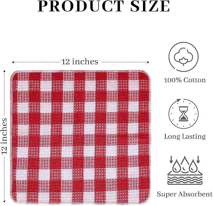 Blue Needles Waffle Weave Check Plaid Dish Cloths, 12x12 Inches 100% Cotton Set of 8 Dish Towels for Kitchen, Ultra Soft & Absorbent Kitchen Towels for Quick Drying Spring Summer - Burgundy & White