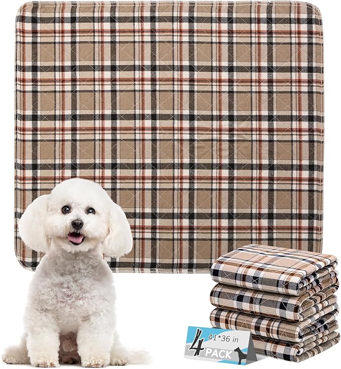 ESGPET Washable Pee Pads for Dogs - 36”x41” 4PCS, Whelping Pad for Puppy Training, Playpen Crate Bed Floor Protector, Reusable Dog Potty Pads Non-Slip, Super Absorbent & Odor Controlling, Brown Plaid