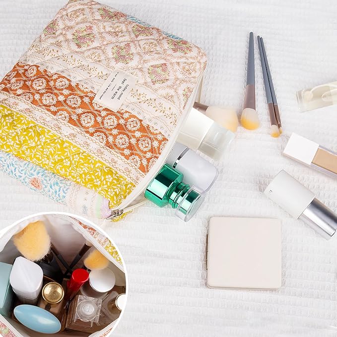 Gosect Floral Makeup Bag, Small Cosmetic Bag for Women Girls, Cute Cotton Makeup Bag, Quilted Makeup Bags, Flower Travel Toiletry Organizer Bag(Color-Coded Floral)