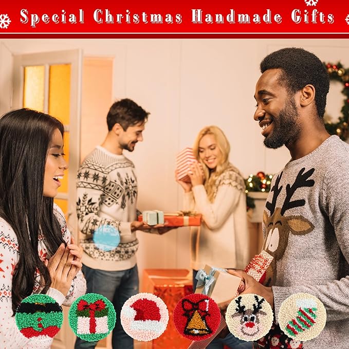 Yaomiao 6 Pcs Christmas Punch Needle Coaster Kit Punch Needle Embroidery Kits Craft Supplies with Patterns Yarns Tools Adhesive Felt Embroidery Hoop Instruction Holder for Adult DIY