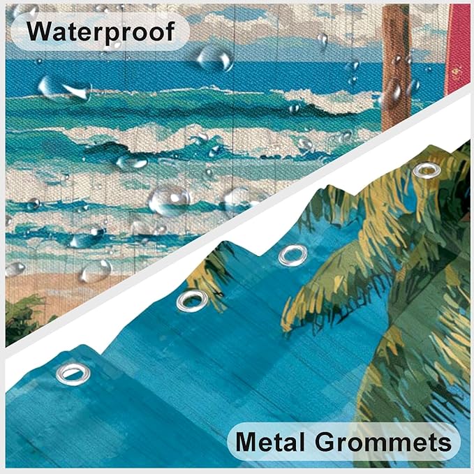 mutakin Coastal Surfboard Shower Curtain Tropical Palm Tree Shower Curtains for Bathroom Waterproof Fabric Bath Curtain Decor with Hooks