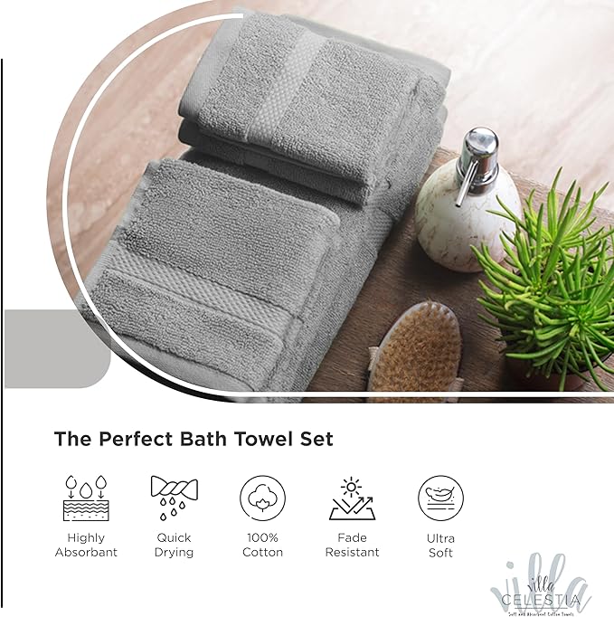 Villa Celestia 100% Cotton Bath Towel Set of 12-4 Bath Towels, 4 Hand Towels, 4 Wash Cloths, Sustainable, Soft, Highly Absorbent, Combed Cotton 12 Piece Set for Hotels, Spa, Bathroom, Dorm, Grey