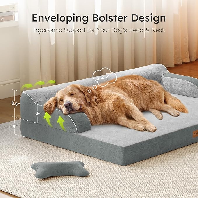 CWAWZ XL Plus Orthopedic Dog Bed, Big Dog Bed for Large Sized Dogs, Dual-Sided Pet Cooling Beds with Memory Foam Washable Cover Nonslip Bottom, Waterproof Pet Couch with Bolster, Light Grey