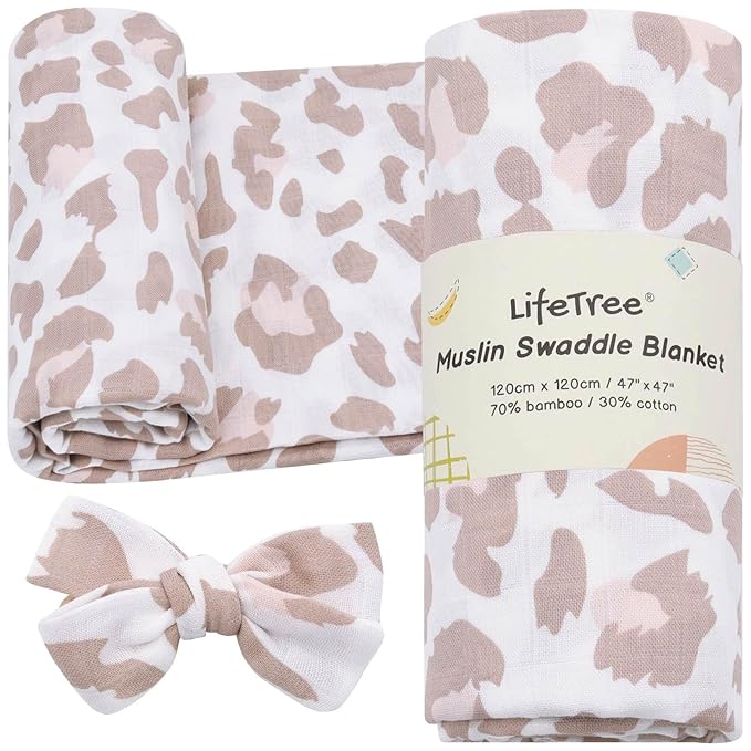 LifeTree Baby Muslin Swaddle Blankets Girl Newborn Receiving Blanket with Headband Bow Set Baby Blush Leopard Print Nursery Swaddle Wrap