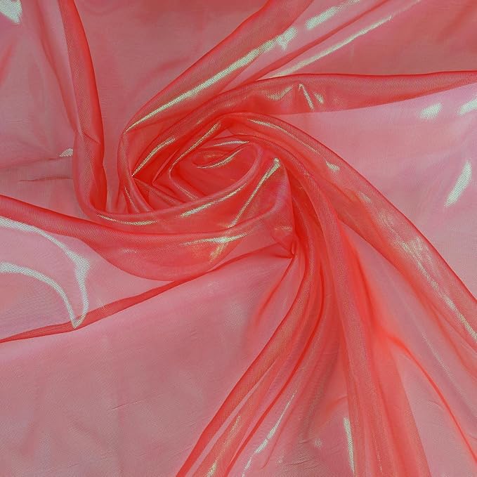 Sheer Iridescent Organza Fabric 58 Inches Wide - 10 Yards Precut - Shinny Wedding Party Decor Fairy Costume Voile Doll Clothes Sewing - Coral Red