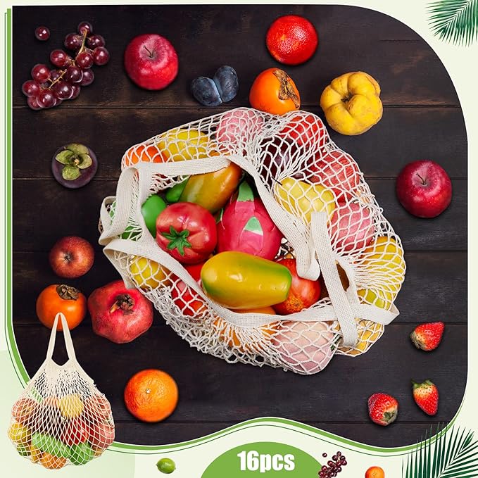SATINIOR 8/16 Pcs Large Cotton Mesh Grocery Bags 16x16x12 Inch Reusable Cotton String Shopping Bag Beige Produce Container