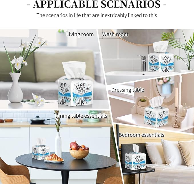 POIUBLE Leather Tissue Box Holder Life is Better at The Lake Tissue Box Cover Square Waterproof Tissue Holder Organizer Modern Napkin Holder for Bedroom Dresser Night Stand Office Desk
