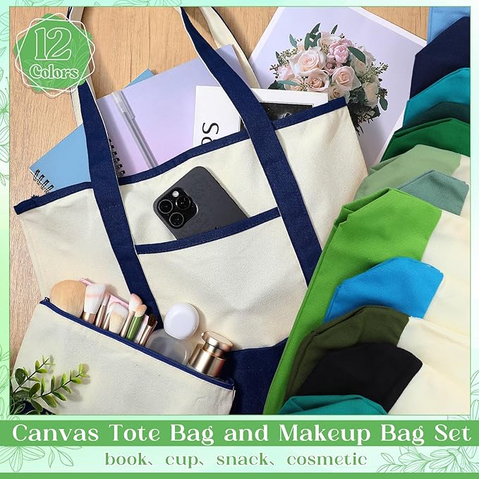 Sanwuta Canvas Tote Bags Bulk with Outer Pocket and Makeup Pouch 18'' Reusable Grocery Bags with Handles for Women Beach DIY