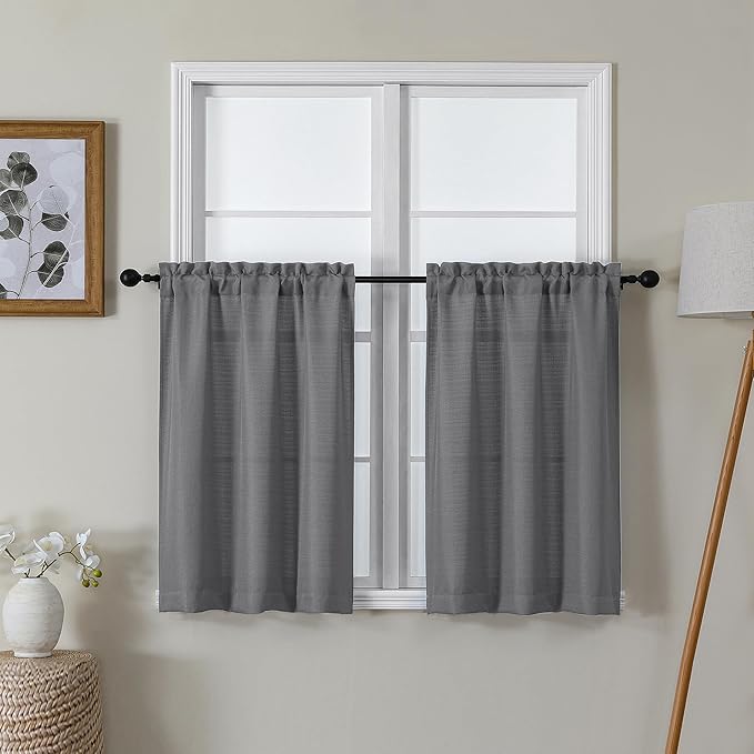Lecloud Bessie Dark Grey Kitchen Curtains 30 Inch Length 2 Pcs, Faux Linen Textured Short Curtains for Small Windows, Light Filtering Tiers Window Treatments for Bedroom Bathroom, Each 30 W x 30 L