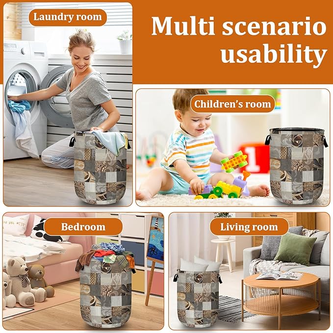 Geometric Patchwork Laundry Basket with Sturdy Handles, Collapsible Oxford Cloth Laundry Hamper Organizer Basket for Bathroom Bedroom 15.7x20 Inch