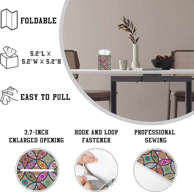 OHEGBXE Tissue Box Holder Abstract Mandela Floral Square Leather Tissue Box Cover Modern Cube Facial Paper Cover Case for Bathroom Vanity Countertop Night Stands Tabletop