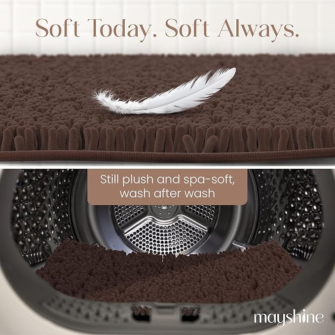 MAYSHINE Plush Shaggy Chenille Bath Mat | Extra Soft, Super Absorbent, Non-Slip Bathroom Rug | Fluffy Microfiber, Area Rug Sets for Bathroom Floor, Kitchen, Living Room | 32"x20" | Brown