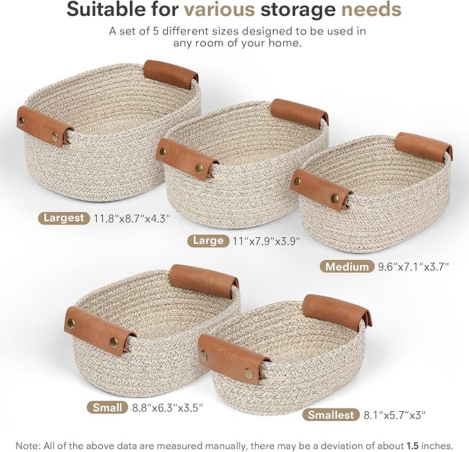 ECDYQXVU 5 Piece Storage Baskets Small Woven Basket with Detachable Leather Handle, Cotton Rope Shelf Baskets for Closet Organizers, Different Sizes Basket Decor, Natural Brown