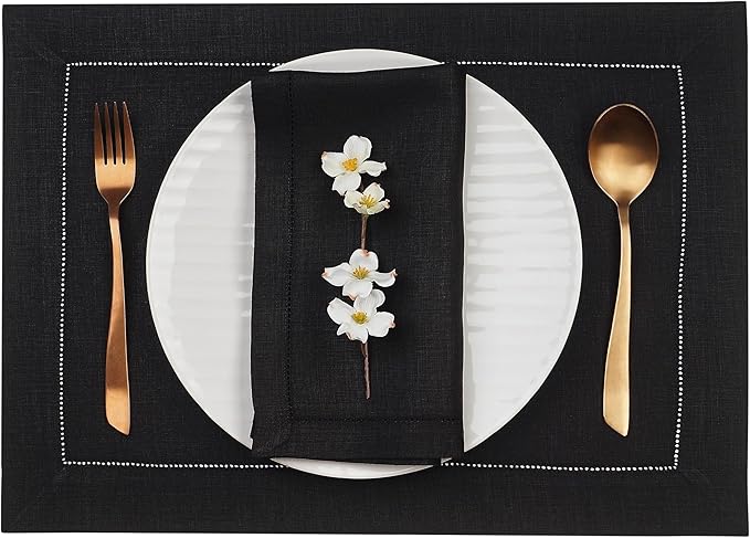 D'Moksha Homes Linen Placemats Set of 6 - Classic Hemstitch Black Placemats 14 x 19 Inch - 100% Pure Linen Table Mats for Spring, Easter - Handcrafted and Machine Washable