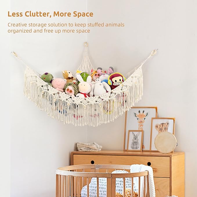 FLOCNOKY Large Stuffed Animal Net or Hammock, Stuffed Animal Storage Macrame Toy Hammock Hanging Net for Stuffed Animals Corner, Plushie Net Hammock Toy Organizer for Boho Kids Room Nursery Playroom