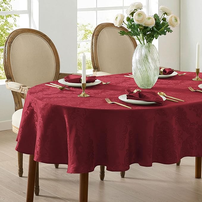 Newbridge Barcelona Damask Fabric Tablecloth, 60 x 84 Inch Oval, Burgundy – No Iron, Soil Resistant Table Cover for Dining, Parties and Holidays