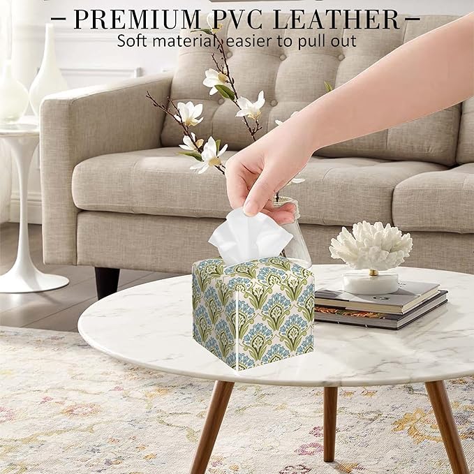 POIUBLE Tissue Box Holder Green and Blue Floral Tissue Box Cover Square Leather Tissue Holder Organizer Portable Decorative Facial Paper Case for Home Office Bathroom Vanity Countertop