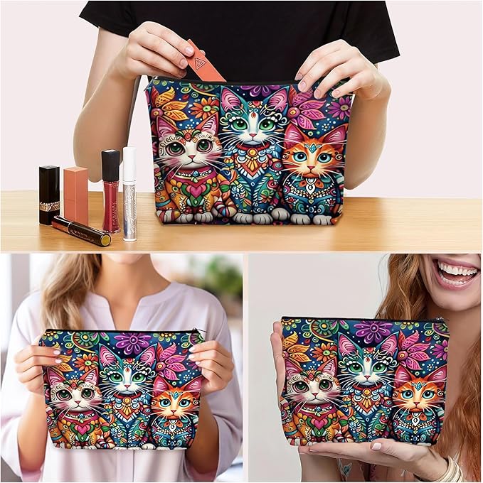 Girlly Bohemian Cat Mom Makeup Bag Valentines Day Gift: Cute Boho Cats Themed Cosmetic & Toiletry Organizer Pouch For Daughters, Sisters, Friends,Teen Girls & Women.Ideal Gift For Travel, Birthdays.