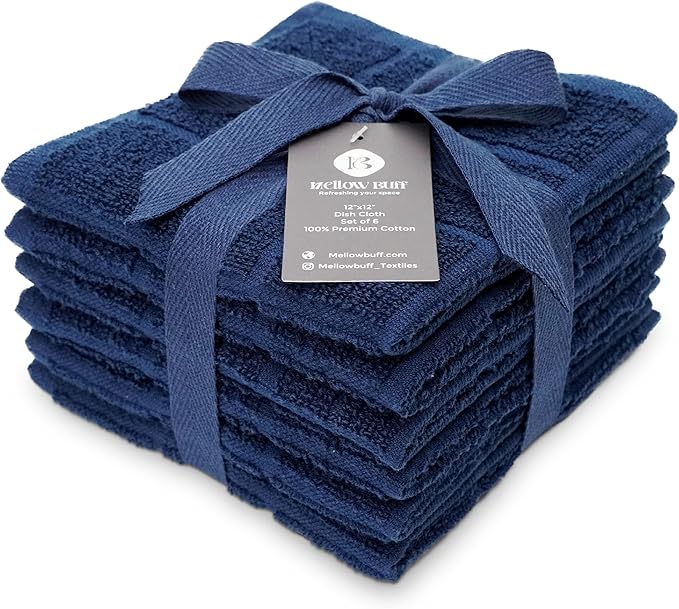 Mellow Buff 100% Cotton Terry Dish Cloth & Dish Towel, 6 Pack, Super Soft and Absorbent Kitchen Towels, Perfect for Kitchen Cleaning and Dish Washing (Navy Blue 6 Pack)
