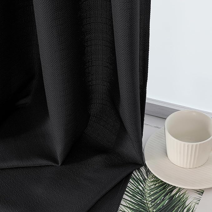 Lecloud Bessie Black Curtains 45 Inch Length 2 Panels, Light Filtering Burlap Window Curtains for Living Room, Rod Pocket Faux Linen Curtain Drapes, Each 30 W x 45 L