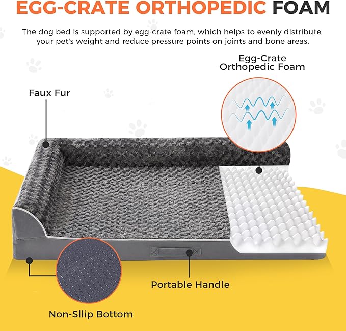 Aeroluxe Dog Bed Large Sized Dogs, XXL Orthopedic Dog Bed for Large Dogs, Waterproof Pet Bed with Washable Removable Cover, L-Shaped Pet Couch with Portable Handle 48"x35"x7.5", Dark Grey