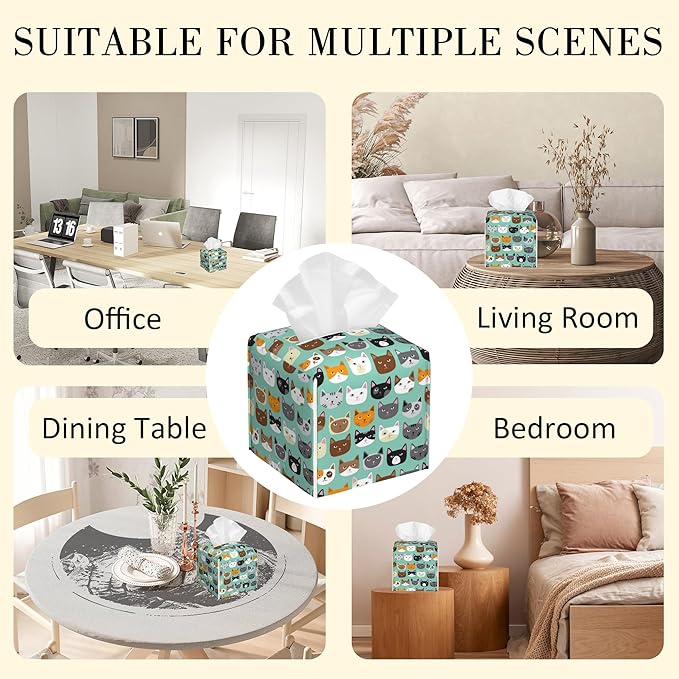 POIUBLE Cute Cat Face Tissue Box Cover Funny Cats Leather Tissue Box Holder Square Facial Paper Organizer Dispenser for Bathroom Kitchen Bedroom Vanity Countertop Night Stands
