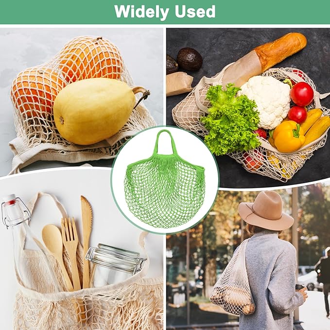 M METERXITY 2-Pack Cotton Mesh Bag, Reusable Washable Mesh Net String Grocery Bags, Reusable Produce Bags with Handle, Net Tote Bag for Fruits/Vegetables Shopping [Green, Long&Short Handle]