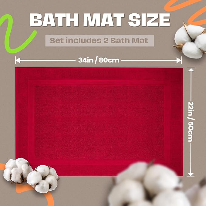 Infinitee Xclusives Premium Cotton Bath Mats for Bathroom – Pack of 2 | 34x22 Inches | Ultra Soft, Super Absorbent, Non-Slip, Machine Washable Mats (Burgundy) [Not a Rug]