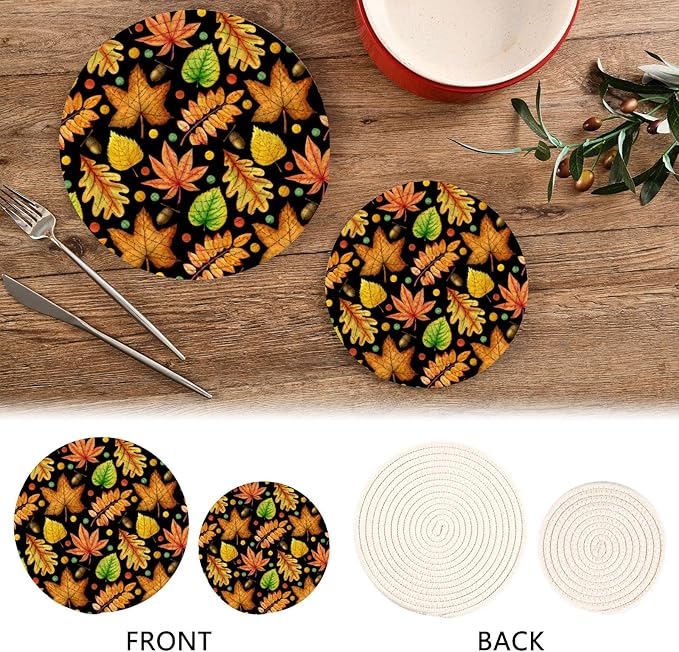 Boccsty Colorful Autumn Leaves Trivet Mat 2PCS Oak Aspen Maple Round Woven Potholders Kitchen Table Countertop Protector Hot Pads Farmhouse Coasters Counter Mats for Cooking Baking
