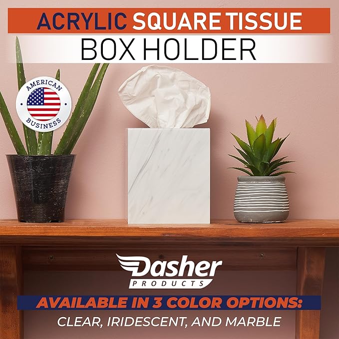 Acrylic Tissue Box Holder, Square Dispenser for Facial Tissues, Napkins, and Dryer Sheets. Perfect for Bathrooms, Desks, Countertops, Vanities, Bedrooms, and Nightstands (Square, Marble)