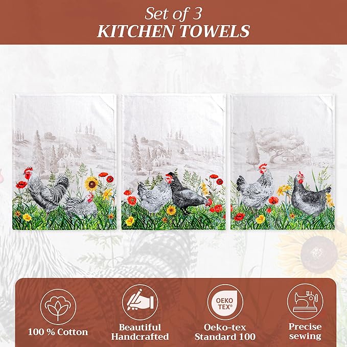 Maison d' Hermine Kitchen Towels Set of 3 100% Cotton 27.50" x 20" Reusable Cloth Tea Dish Towels Absorbent with Hanging Loop for Kitchen, Home, Dining, Cocktail Parties Spring/Summer (Basse Cour)