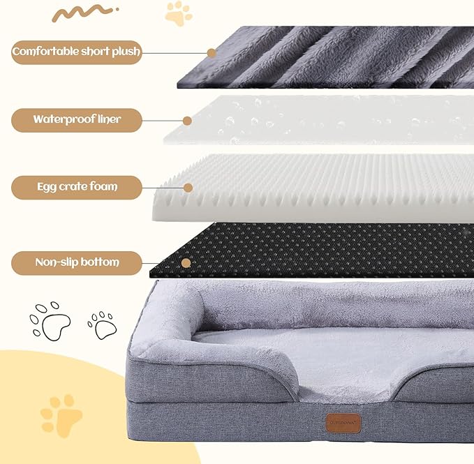 OUPEIWAWA Extra Large Dog Bed Orthopedic with Bolster Sides Removable Egg-Crate Foam Waterproof Liner Pet Bed Sofa Couch with Removable Washable Cover Non-Slip Bottom, Gray1