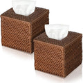 Kigley 2 Pcs Square Rattan Tissue Box Cover Boho Wicker Tissue Cube Box Cover 5.5'' x 5.5'' x 5.5'' Decorative Natural Wicker Hand Woven Napkin Box Holder Bathroom Office Car Accessories (Brown)