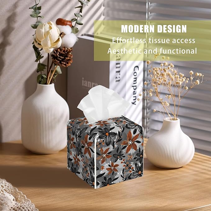 Dark Style Leather Tissue Box Holder Striped Flowers Branches Tissue Box Cover Facial Paper Case Organizer Cube Napkin Dispenser for Bathroom Vanity Countertop Night Stand Office Car