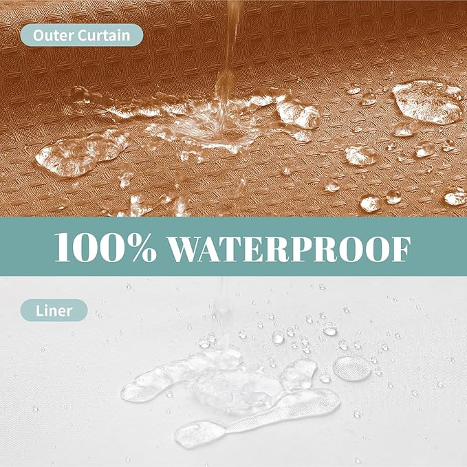 eachope BurntOrange No Hook Waffle Weave Shower Curtain with snap-in Liner Replacement, 230GSM Waterproof Fabric Hotel Shower Curtain Set for Bathroom, Through Mesh Top Window,71Wx74H