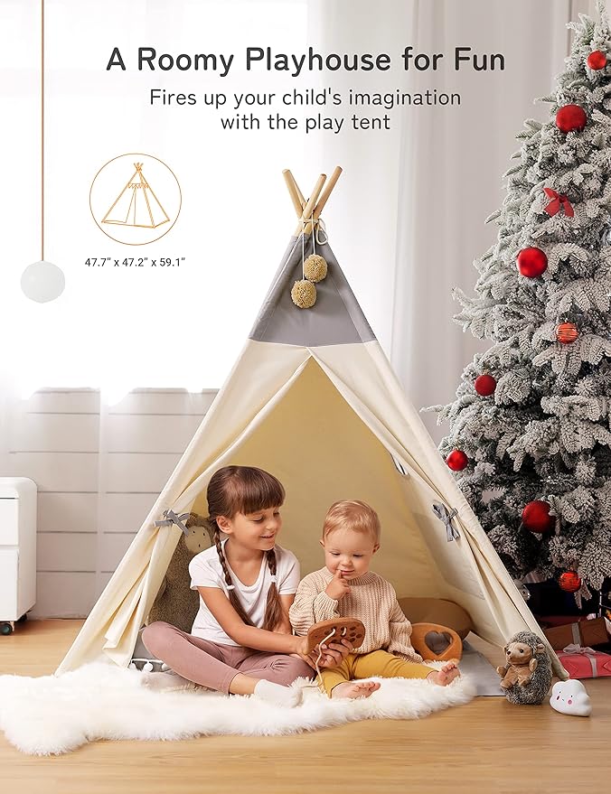 besrey Teepee Tent for Kids with Light & Mat, Toddler Tents Indoor Play Tent Playhouse, Toddler Tipi Cotton, tee Pee Tents for Kids Indoor, Boys & Girls Teepee,Children Room Playhouse