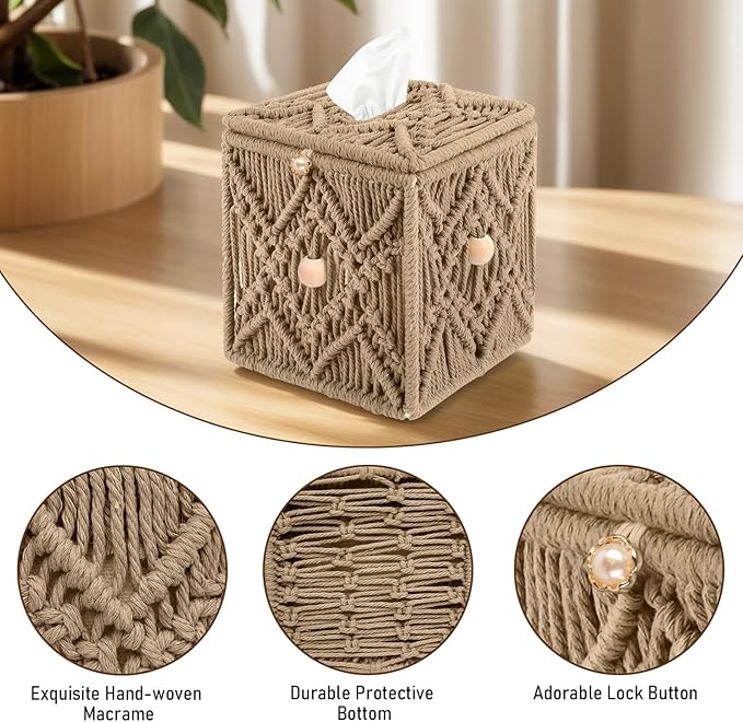 KaloKalo Handmade Tissue Box Cover Decorative Macrame Boho Square Tissue Holder Cotton Rope Woven Napkin Facial Paper Organizer Bohemian Desk Storage Container with Buckle Wood Beads (Khaki)