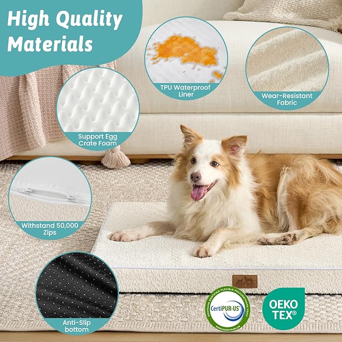 COZY KISS Dog Crate Bed for Medium Small Size Dogs, Rectangular Orthopedic Dog Beds, Foam Anti-Slip Bottom Pet Mat with Washable Removable Cover, Suitable for Pet Up to 40 lbs, 30x20x3 inch, Beige